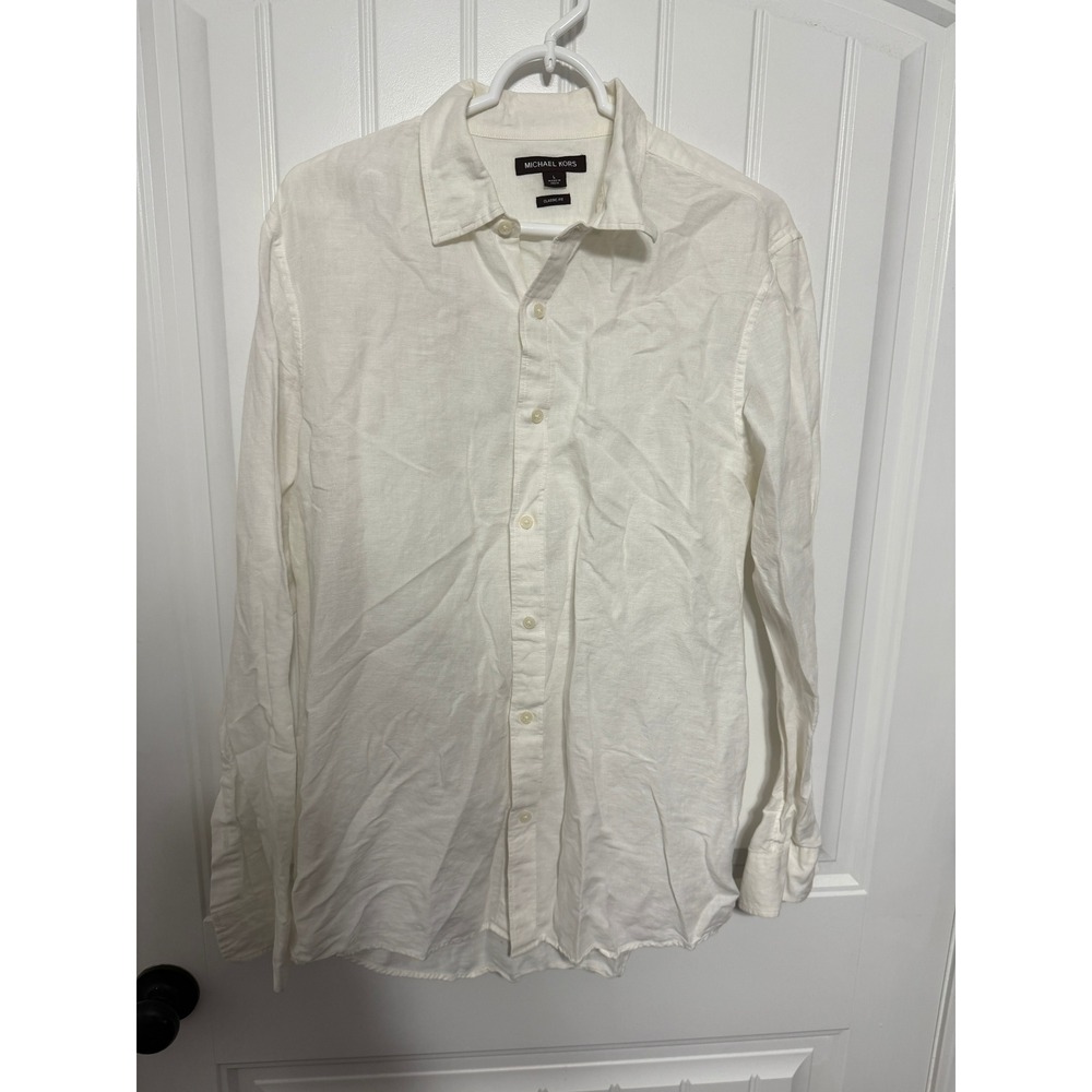Michael Kors Linen Shirt Mens Large Classic Fit White Long Sleeve Button Down